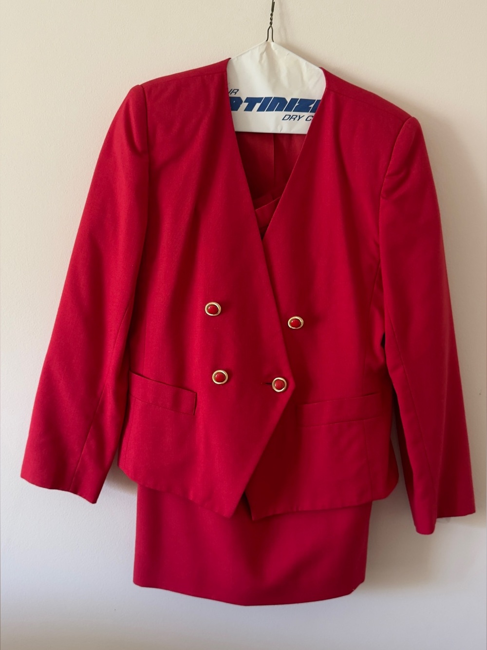 Women's Red Double-Breasted Blazer with Gold Accent